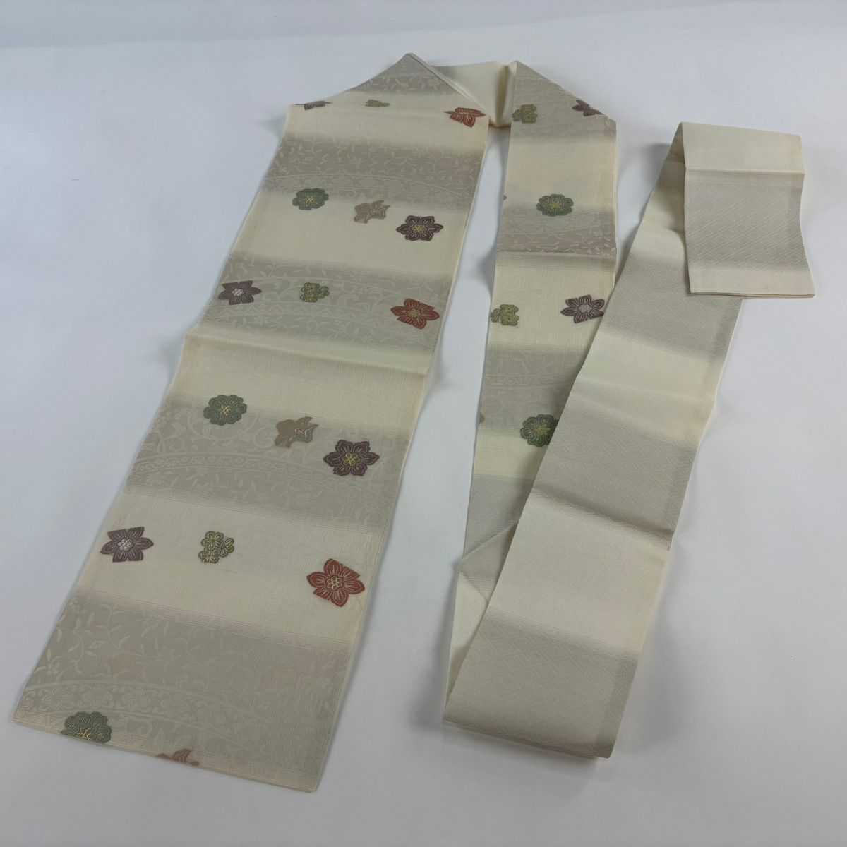 名古屋帶 秀品級 夏帶 花 花唐草紋 金銀絲 米色 純蠶絲