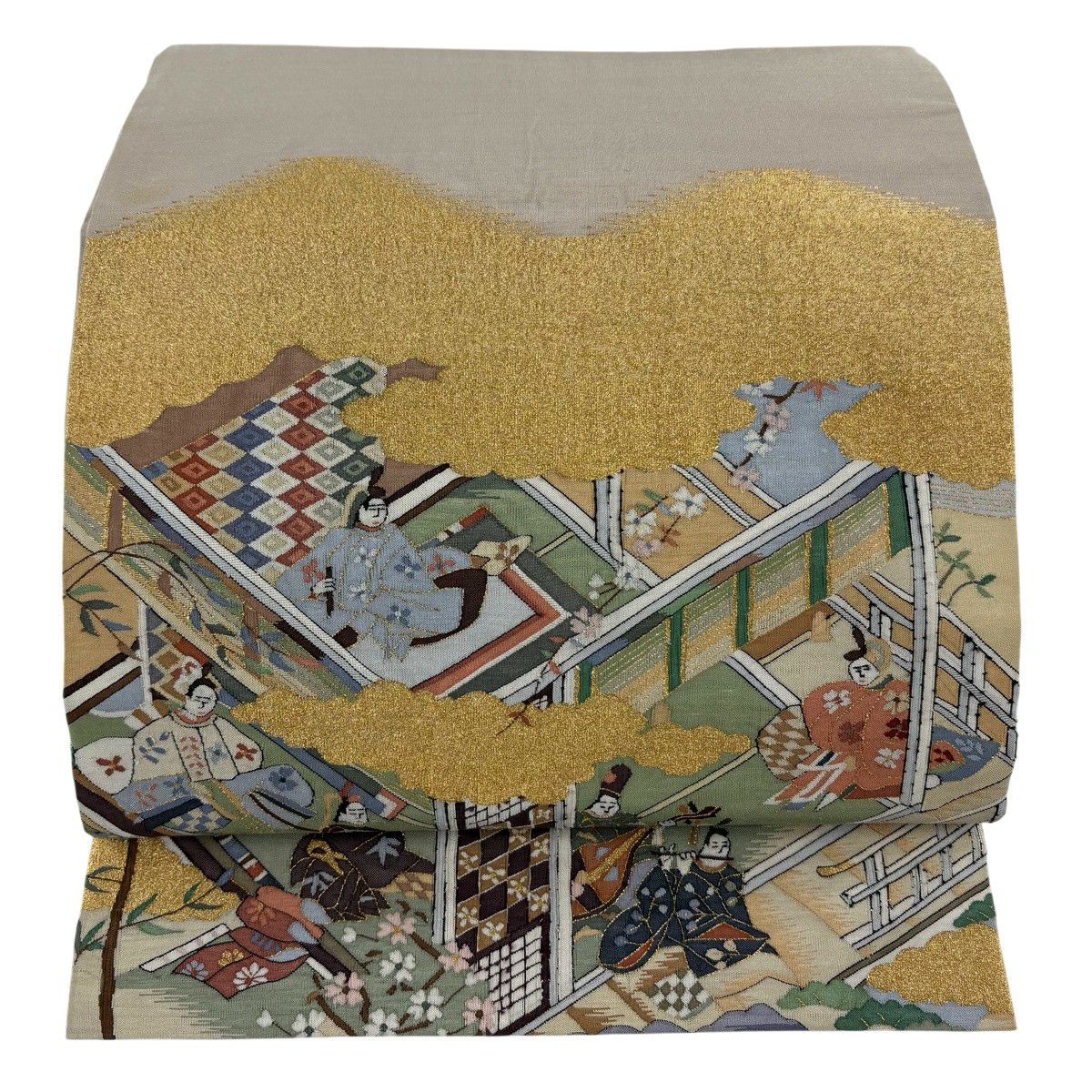 【美品】 袋帶 秀品級 人物 雲文 金絲 灰茶 大鼓圖案 純蠶絲