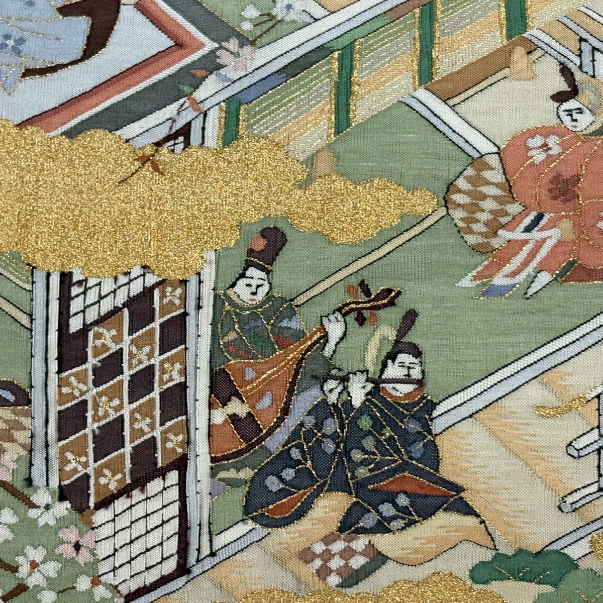 【美品】 袋帶 秀品級 人物 雲文 金絲 灰茶 大鼓圖案 純蠶絲