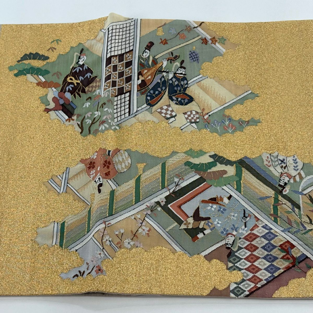 【美品】 袋帶 秀品級 人物 雲文 金絲 灰茶 大鼓圖案 純蠶絲