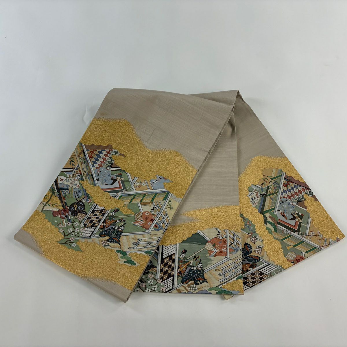 【美品】 袋帶 秀品級 人物 雲文 金絲 灰茶 大鼓圖案 純蠶絲