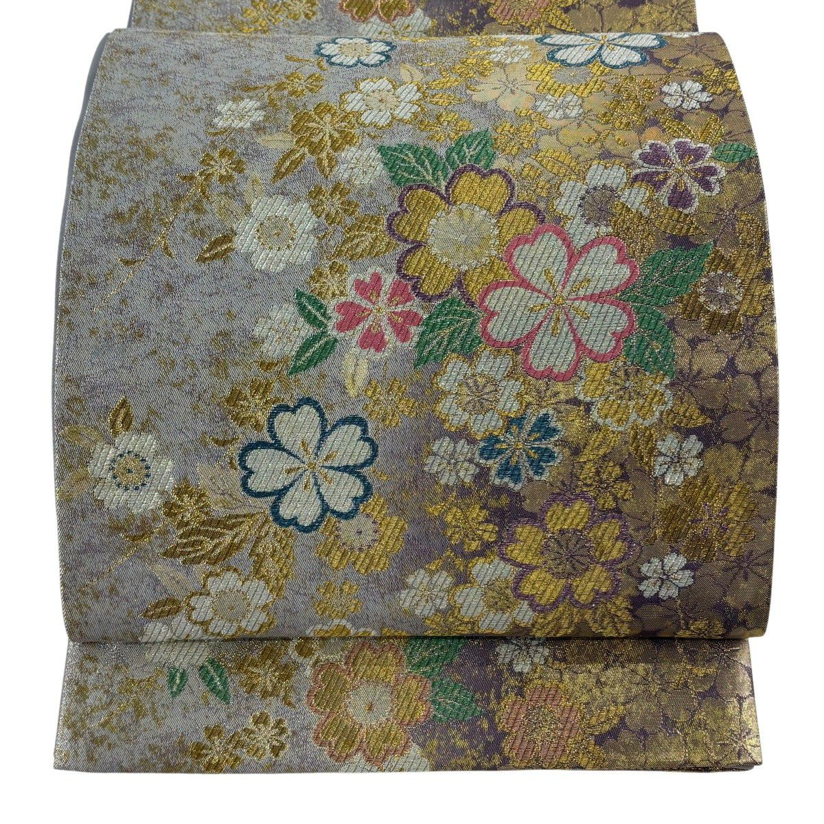 【美品】 袋帶 秀品級 櫻花 金絲 金金箔 灰紫 六通 純蠶絲