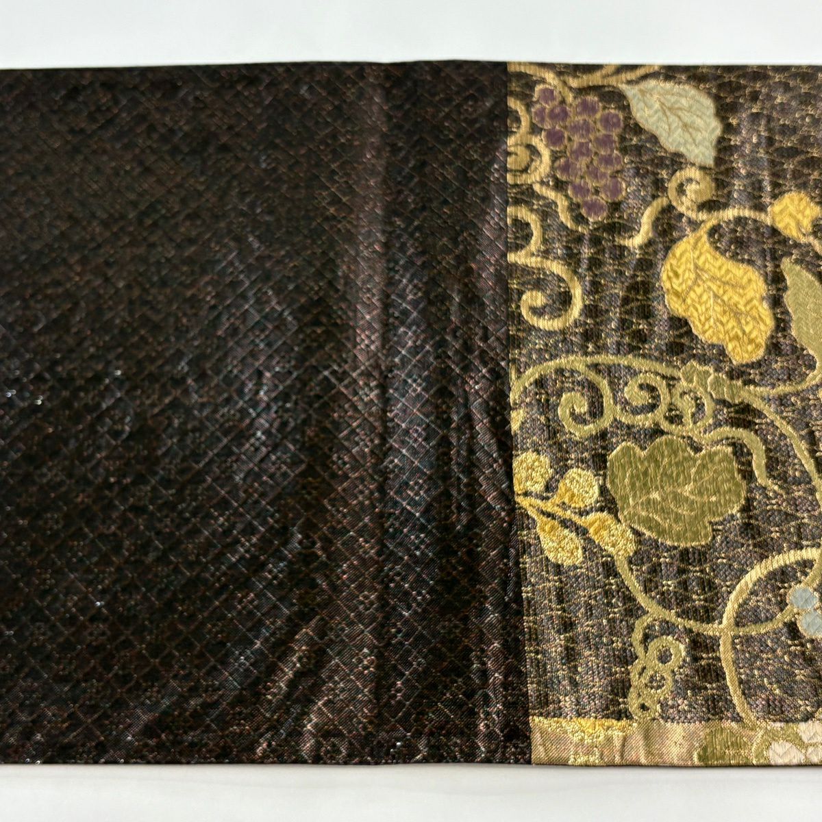 【美品】 袋帶 秀品級 孔雀 葡萄 金糸 金金箔 焦茶 六通 純蠶絲