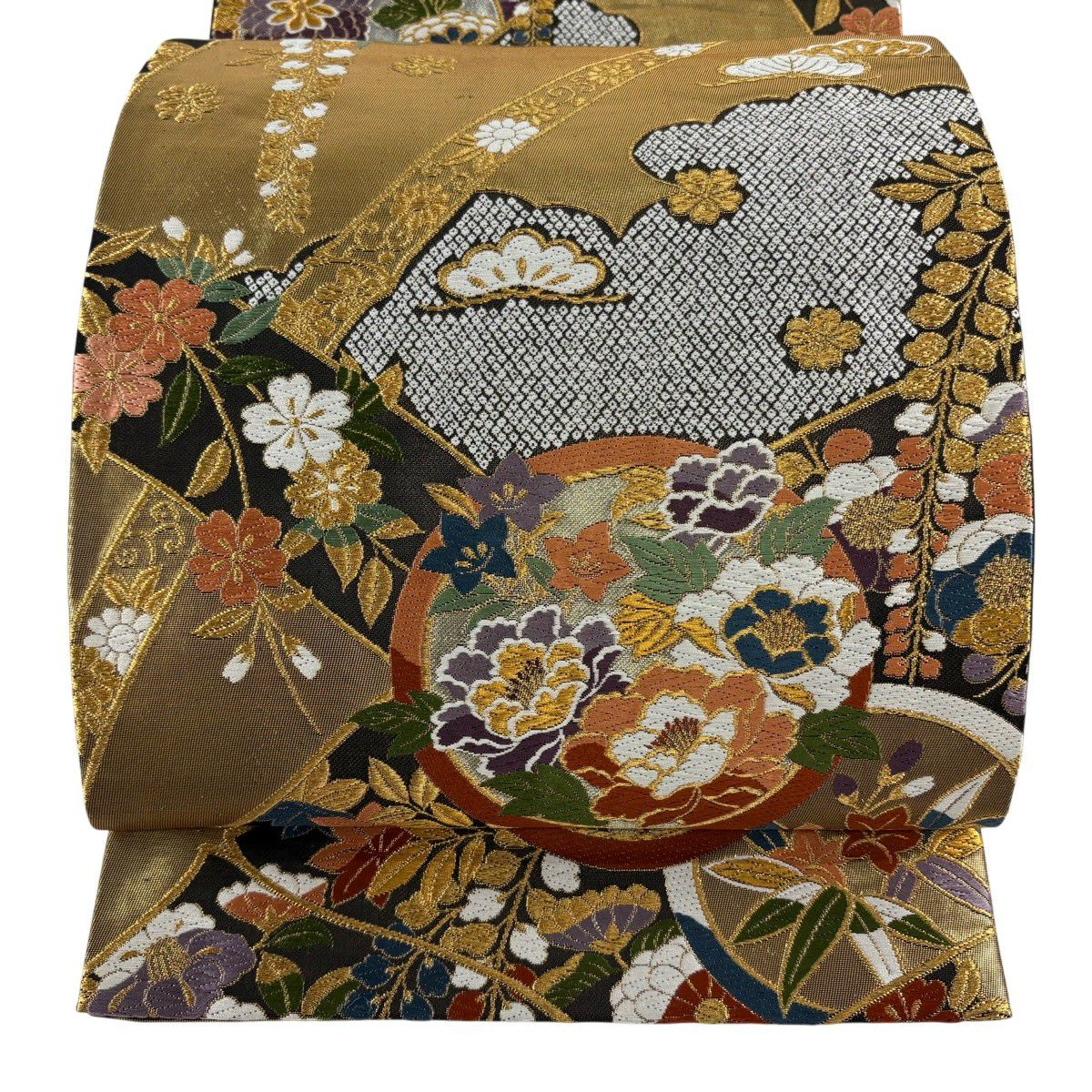 【美品】 袋帶 秀品級 振袖禮服禮服用 牡丹 草花紋 金糸 刺繡 黑 六通 純蠶絲