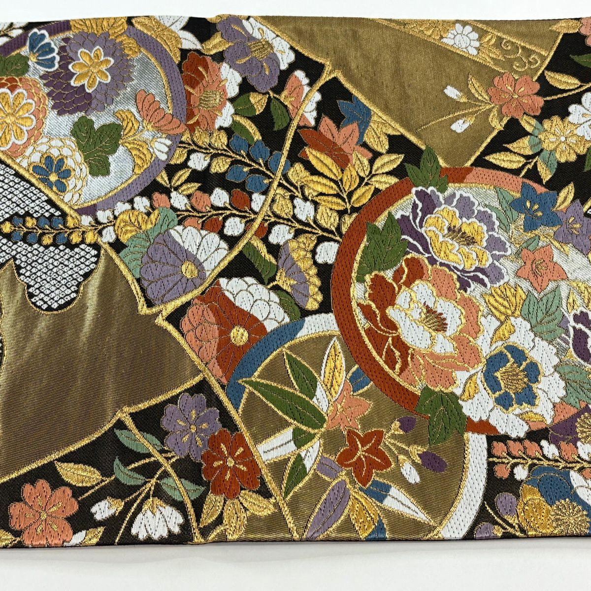 【美品】 袋帶 秀品級 振袖禮服禮服用 牡丹 草花紋 金糸 刺繡 黑 六通 純蠶絲