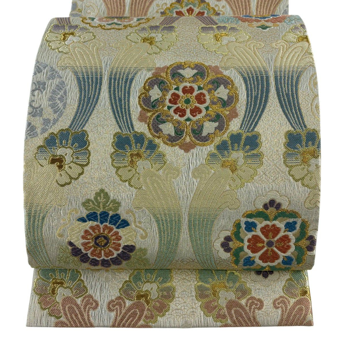【美品】 袋帶 秀品級 證明書齊全 華紋 草花紋 金絲 唐織 金色 六通 純蠶絲