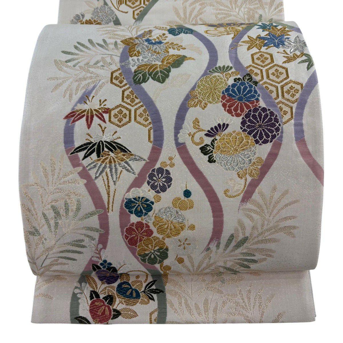 【美品】 袋帶 秀品級 春秋草花紋紋 松樹竹子梅花 金銀絲 唐織 米色 六通 純蠶絲