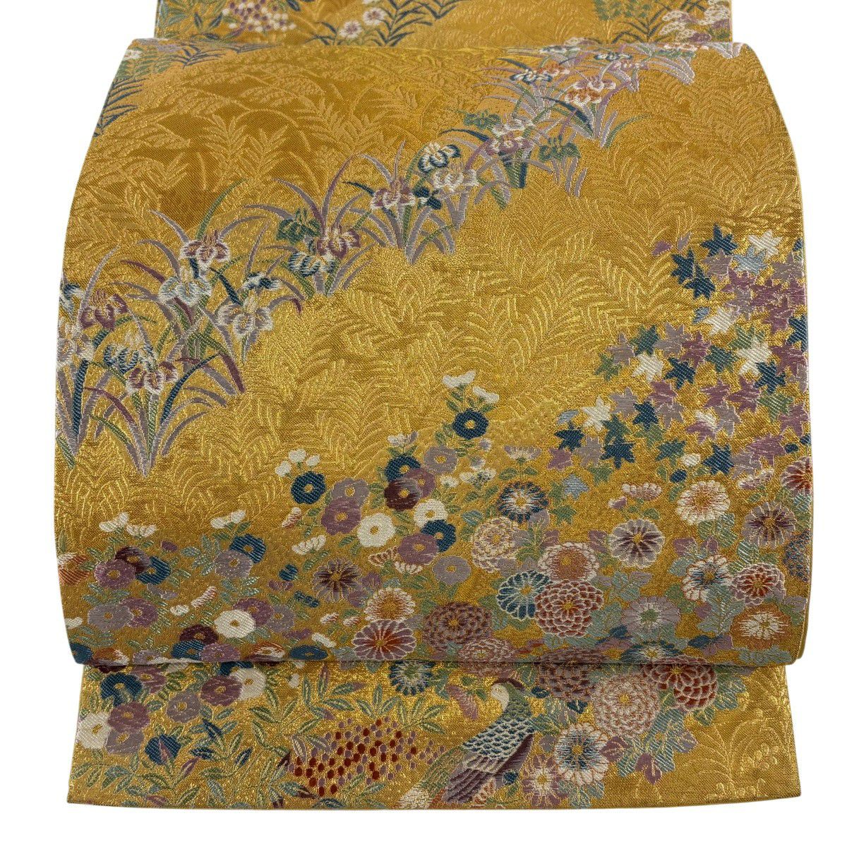 【美品】 袋帶 秀品級 孔雀 草花紋 金糸 金金箔 金色 六通 純蠶絲