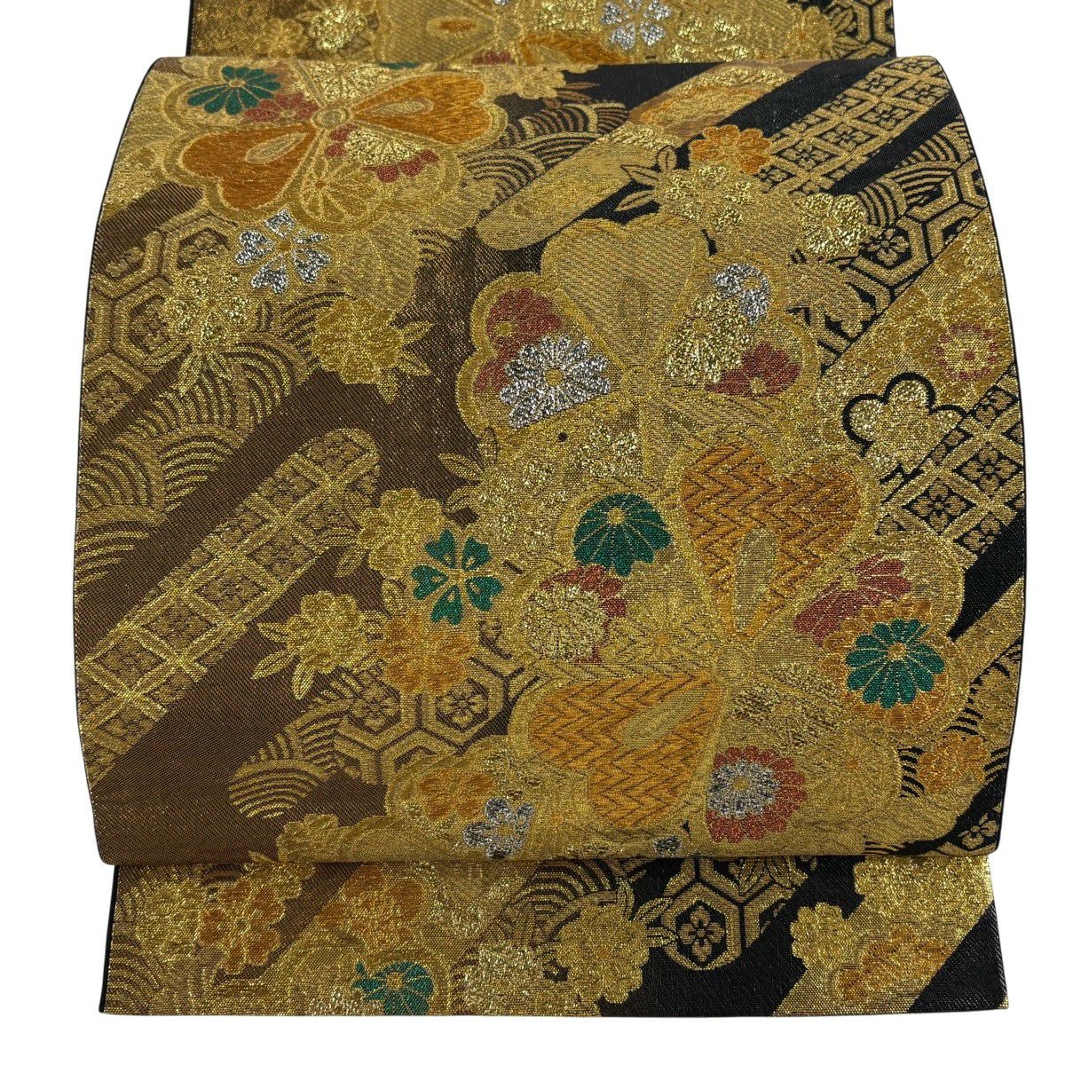 【美品】 袋帶 秀品級 櫻花 有職紋樣 金絲 金金箔 金色 六通 純蠶絲