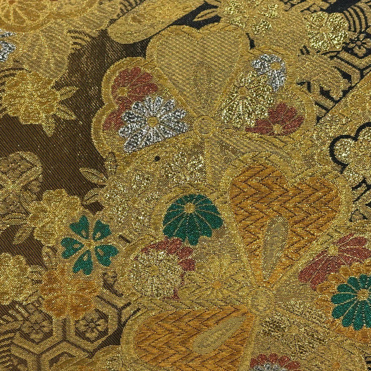【美品】 袋帶 秀品級 櫻花 有職紋樣 金絲 金金箔 金色 六通 純蠶絲