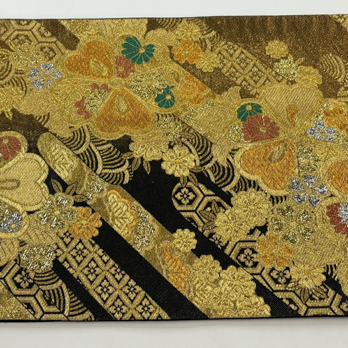 【美品】 袋帶 秀品級 櫻花 有職紋樣 金絲 金金箔 金色 六通 純蠶絲