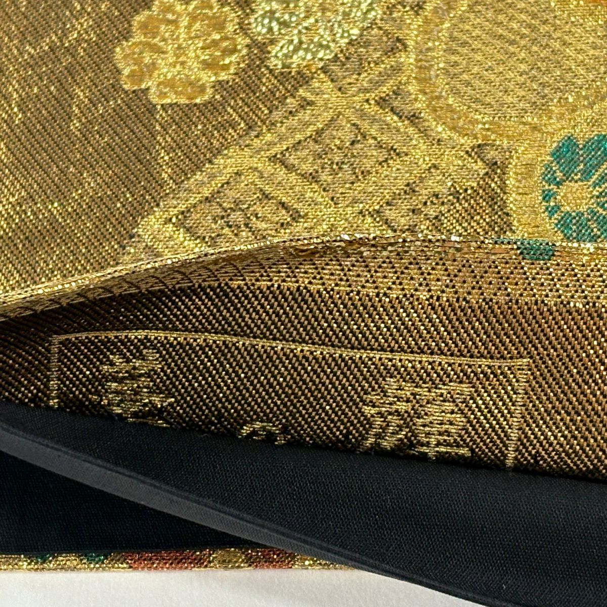 【美品】 袋帶 秀品級 櫻花 有職紋樣 金絲 金金箔 金色 六通 純蠶絲