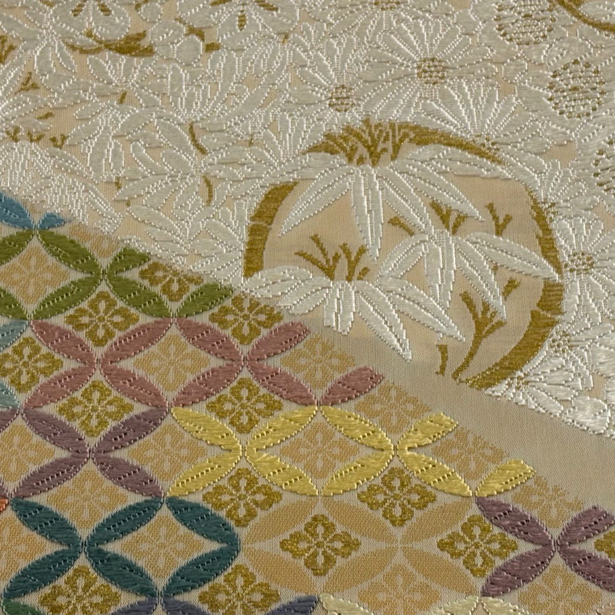 袋帶 秀品級 草木染 四君子 花丸紋 七寶 金絲 纈織 米色 六通 純蠶絲