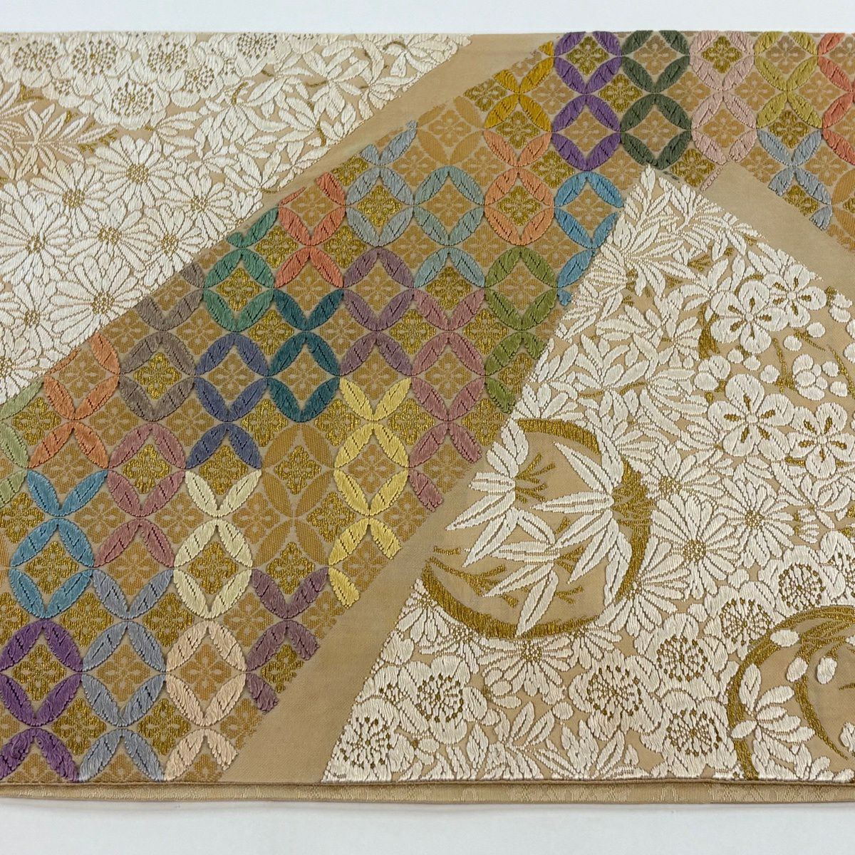 袋帶 秀品級 草木染 四君子 花丸紋 七寶 金絲 纈織 米色 六通 純蠶絲