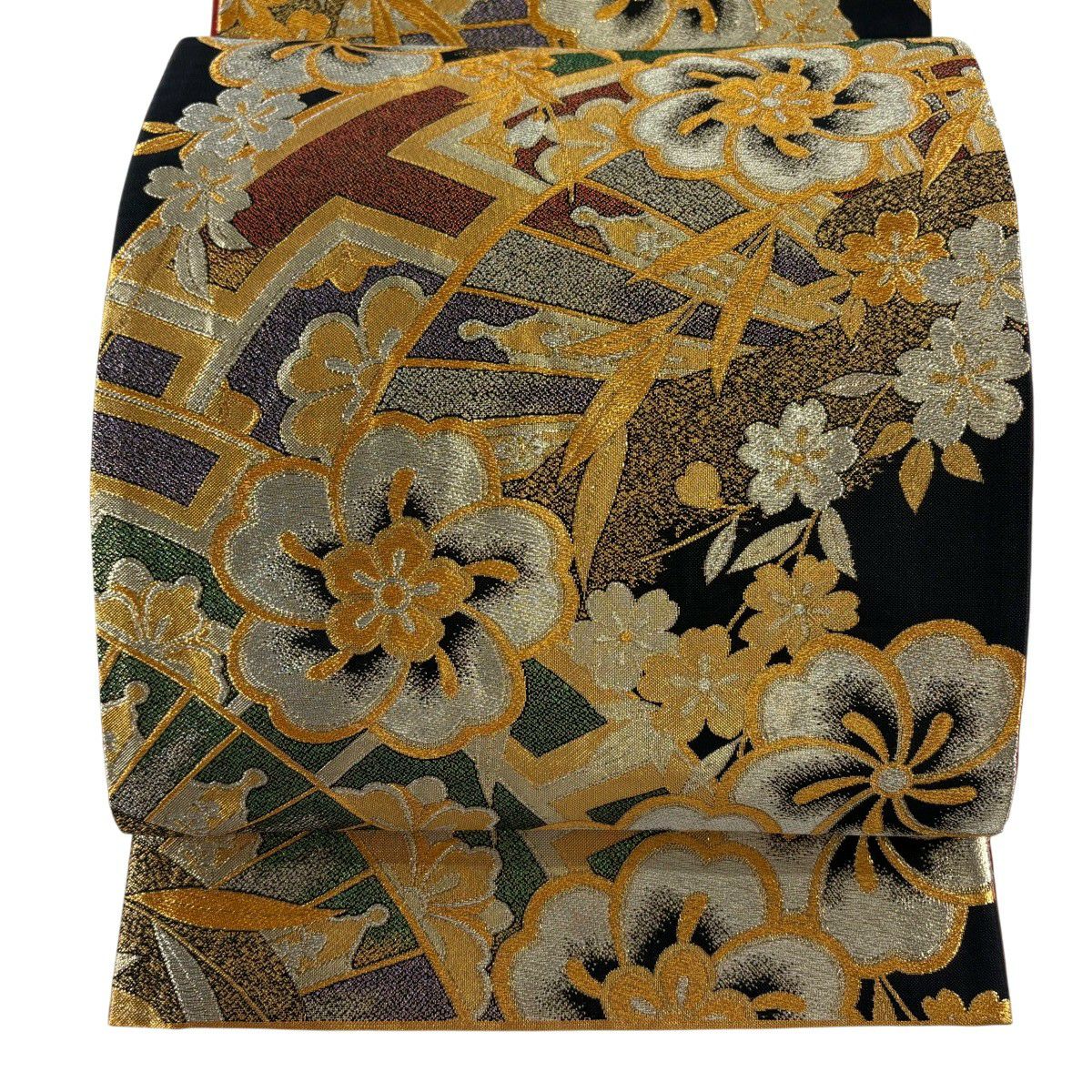 【美品】 袋帶 秀品級 振袖禮服禮服用 櫻花 片輪車 金銀彩 金金箔 黑 六通 純蠶絲