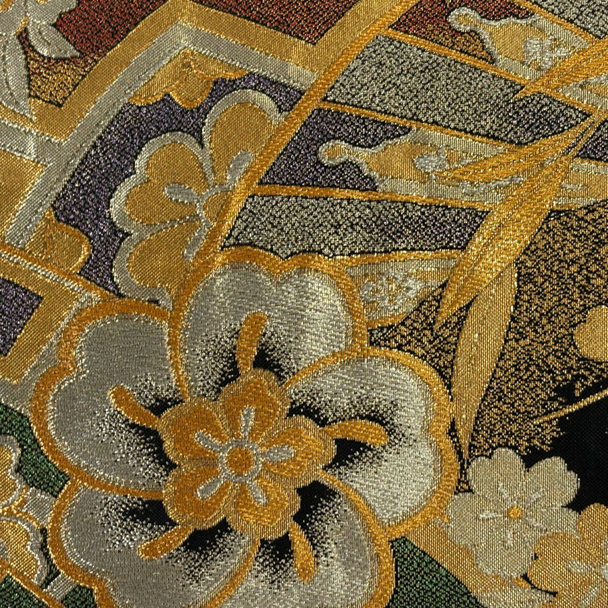 【美品】 袋帶 秀品級 振袖禮服禮服用 櫻花 片輪車 金銀彩 金金箔 黑 六通 純蠶絲