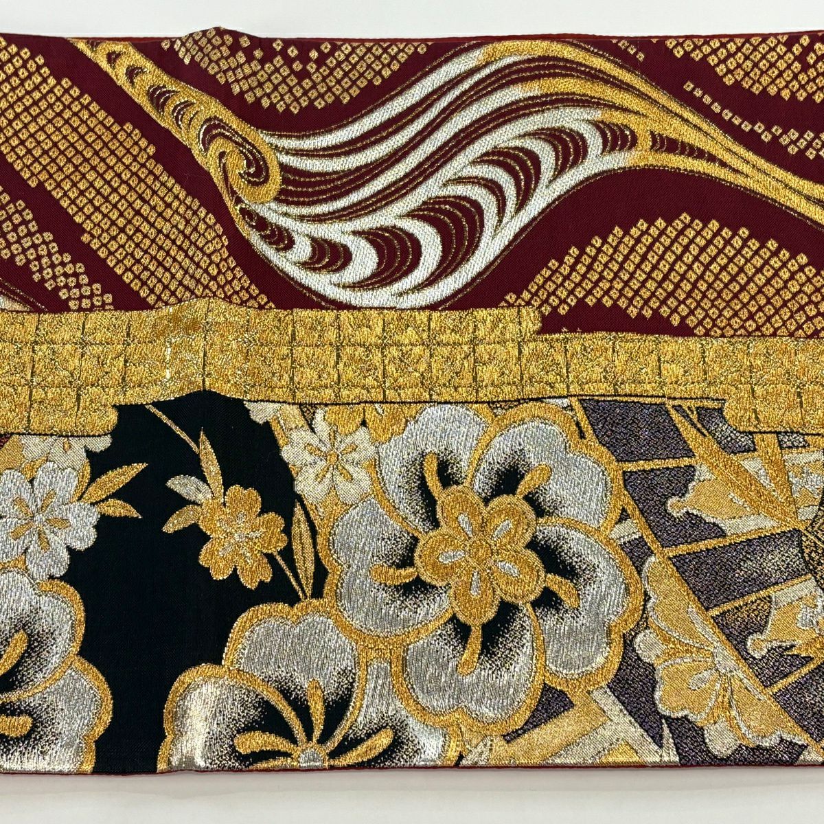 【美品】 袋帶 秀品級 振袖禮服禮服用 櫻花 片輪車 金銀彩 金金箔 黑 六通 純蠶絲