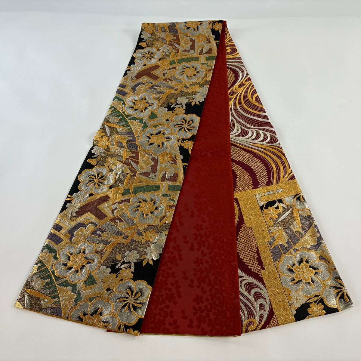 【美品】 袋帶 秀品級 振袖禮服禮服用 櫻花 片輪車 金銀彩 金金箔 黑 六通 純蠶絲