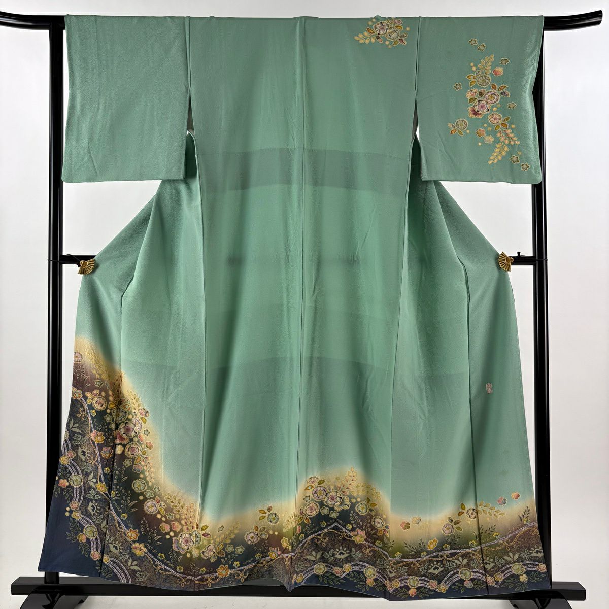 訪問服 身長157cm 袖長65cm M 雙層 徳永憲峯 落款あり 辻花染 金銀彩 漸層 淺綠 純蠶絲 逸品級
