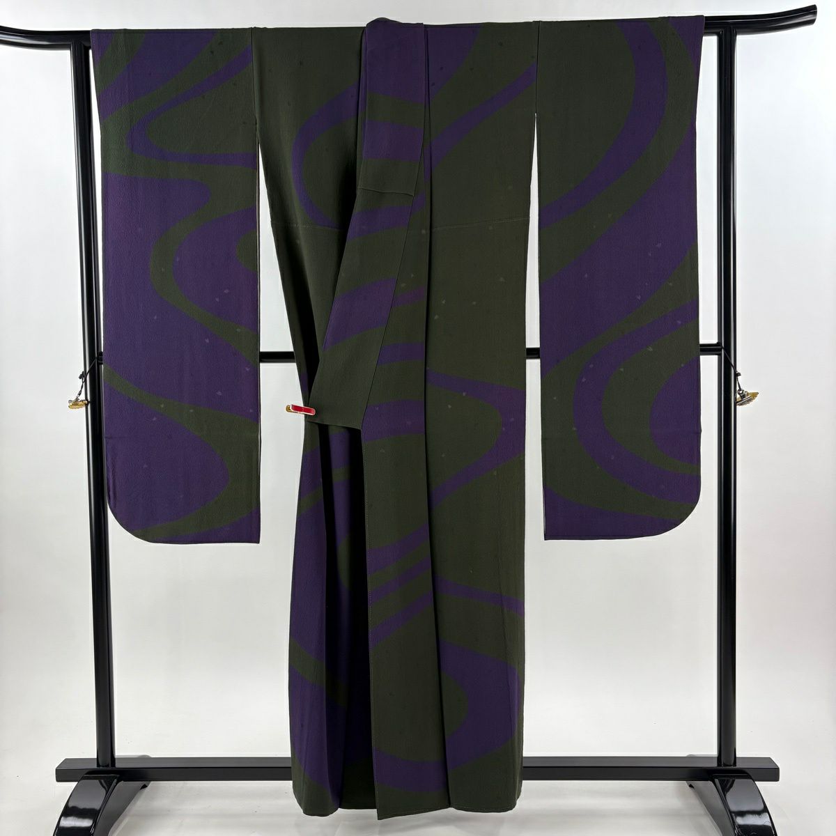 振袖禮服 身長158.5cm 袖長65cm M 雙層 辻村ジュサブロー 落款あり 地紋 幾何學圖案 深綠 純蠶絲 逸品級