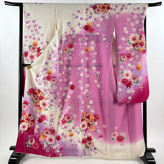 振袖禮服 身長165cm 袖長66.5cm M 雙層 花束 垂枝櫻 金絲 銀通 乳白色 純蠶絲 逸品級