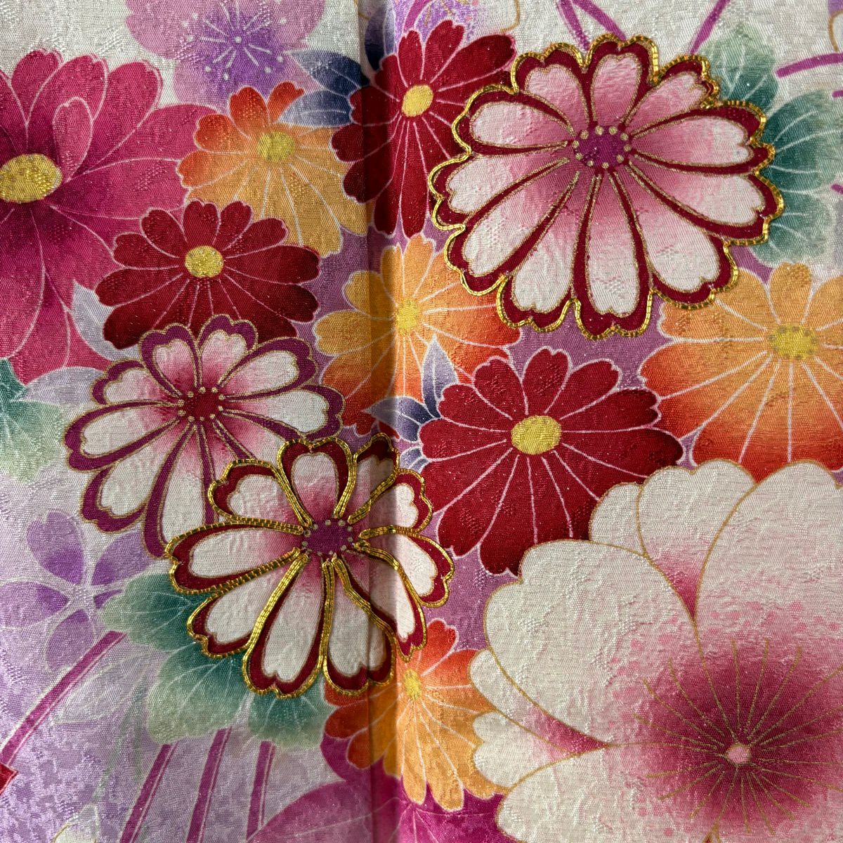 振袖禮服 身長165cm 袖長66.5cm M 雙層 花束 垂枝櫻 金絲 銀通 乳白色 純蠶絲 逸品級