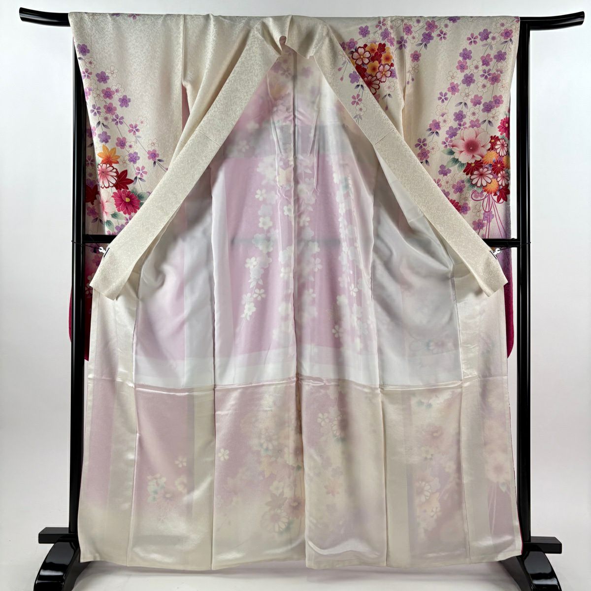 振袖禮服 身長165cm 袖長66.5cm M 雙層 花束 垂枝櫻 金絲 銀通 乳白色 純蠶絲 逸品級