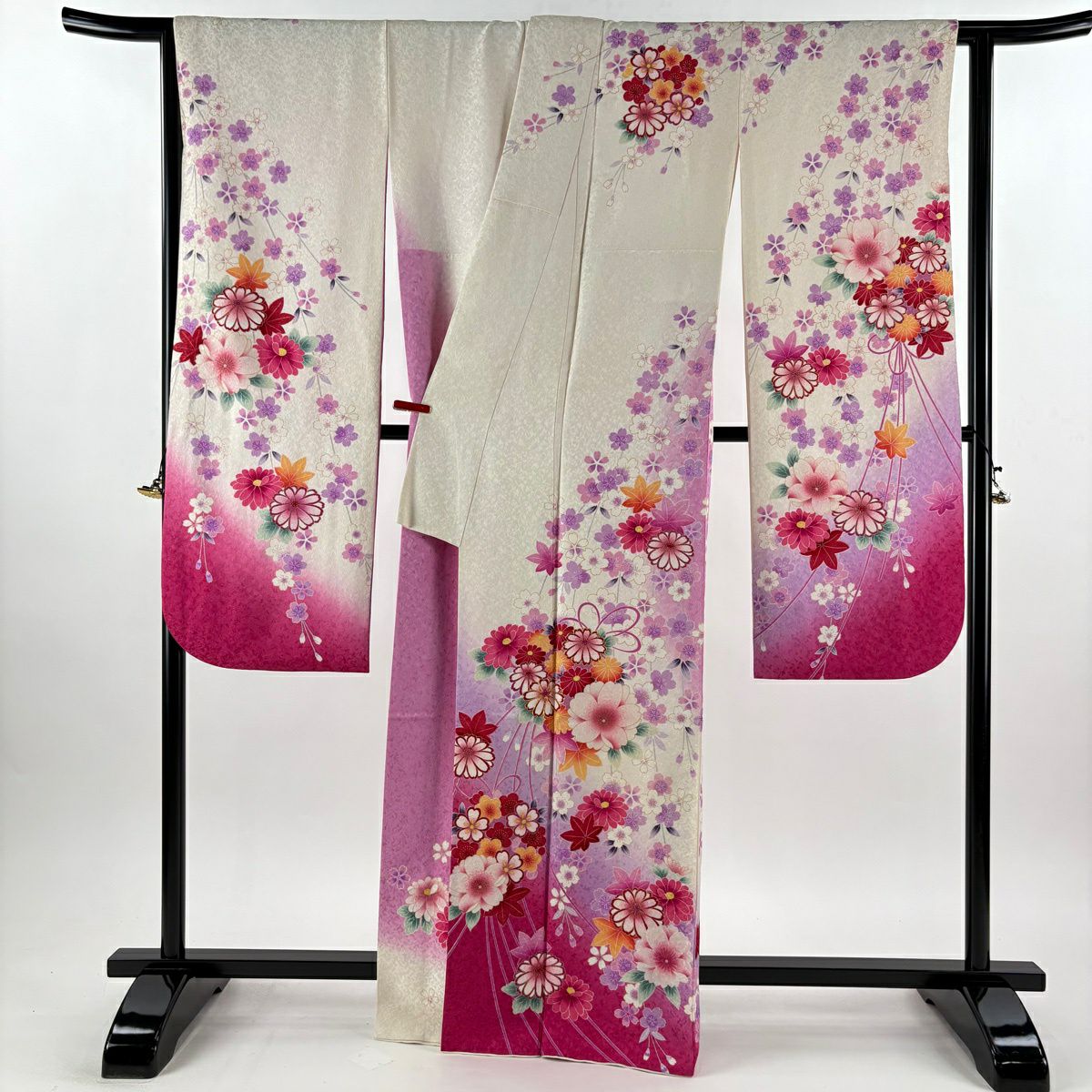 振袖禮服 身長165cm 袖長66.5cm M 雙層 花束 垂枝櫻 金絲 銀通 乳白色 純蠶絲 逸品級