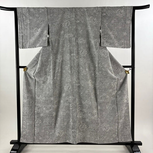 【美品】 小紋 身長159cm 袖長65cm M 雙層 山岡古都 證書附帶 草花紋紋意匠 灰色 純蠶絲 逸品級