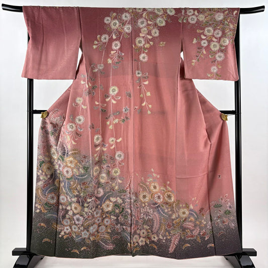 【美品】訪問服 身長160cm 袖長68cm L 雙層 吉乃一廉 有落款 辻花染 銀通し 粉紅 純蠶絲 逸品級