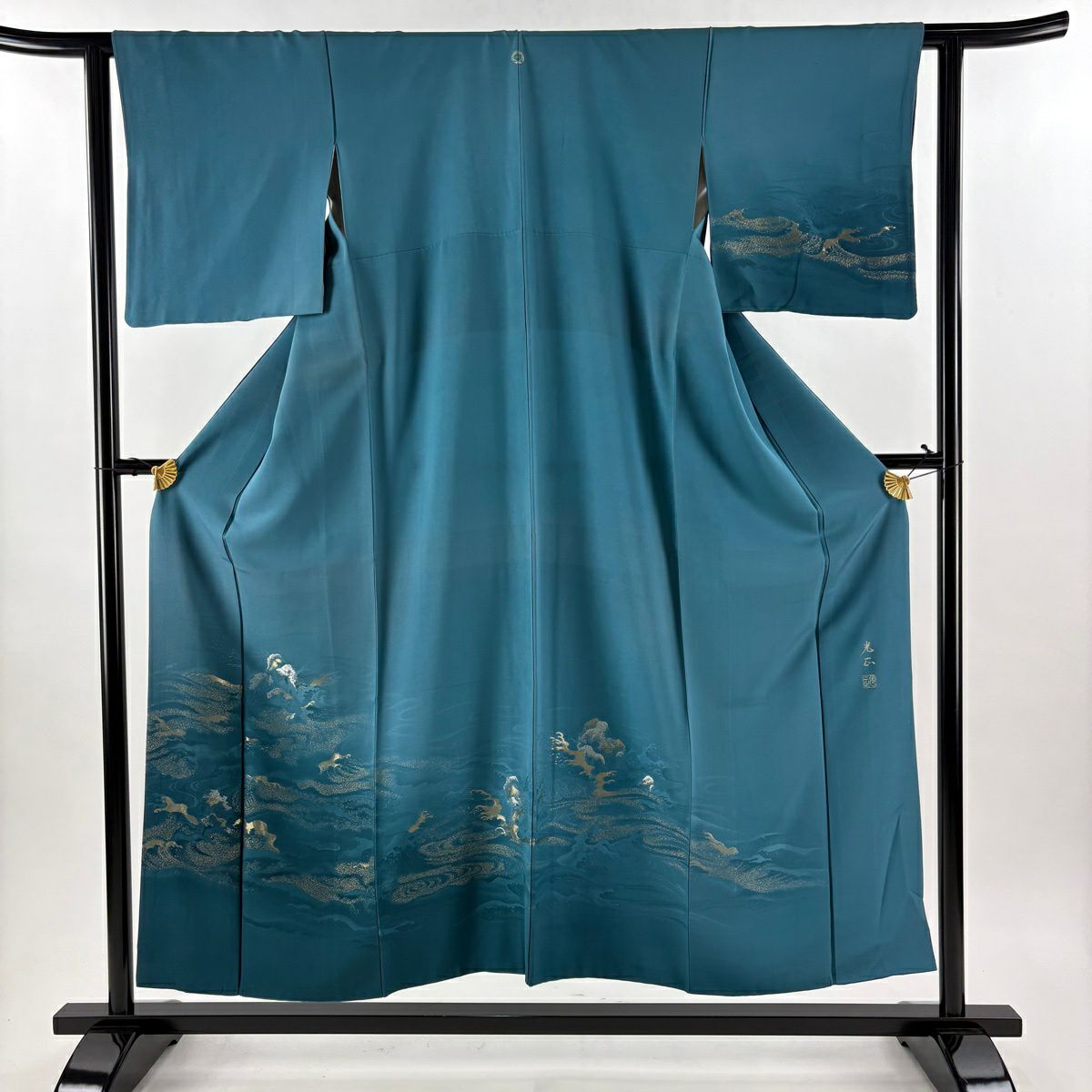付下 身長153cm 袖長62cm S 雙層 和田光正 落款あり 波頭 金銀彩 青綠 純蠶絲 逸品級 一つ紋