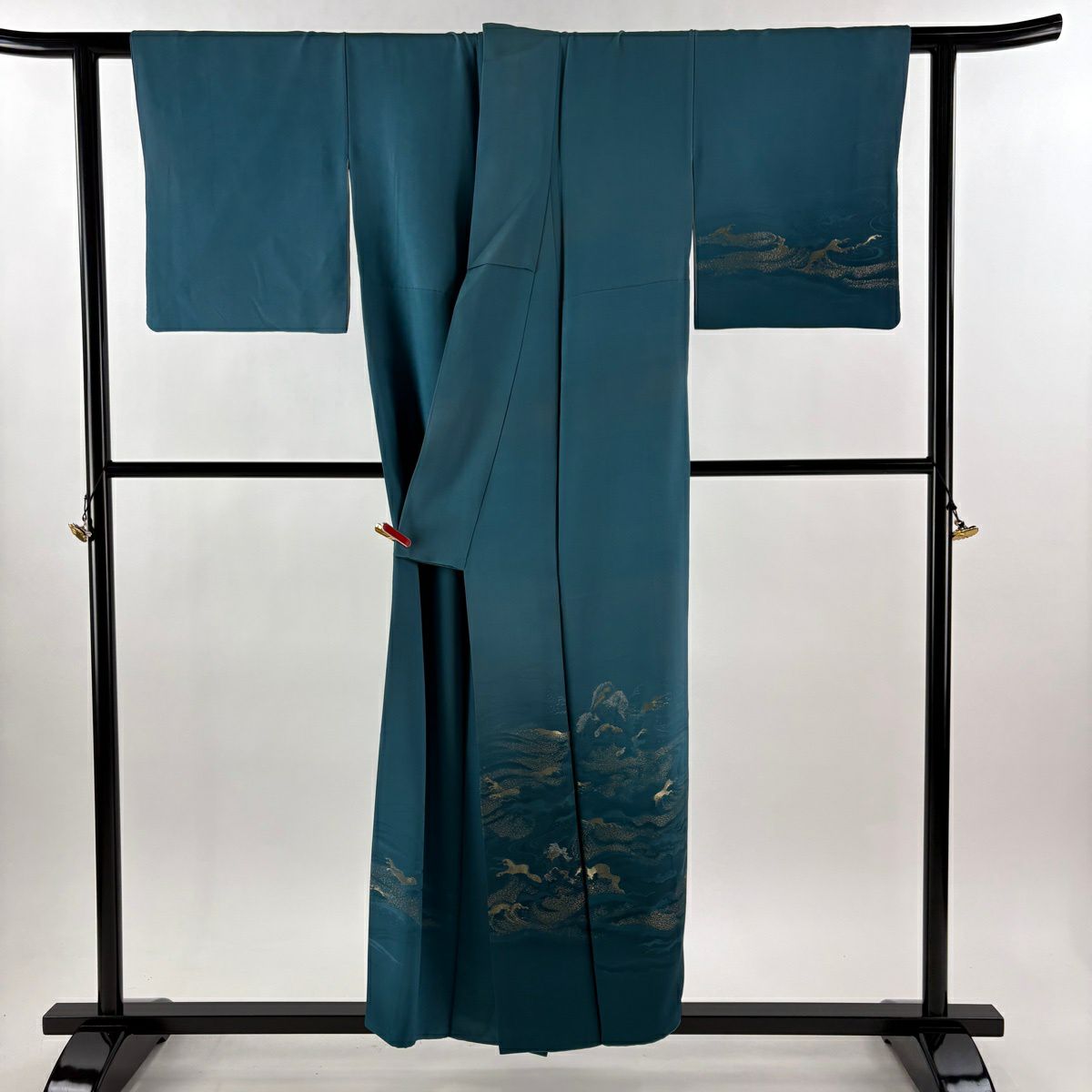 付下 身長153cm 袖長62cm S 雙層 和田光正 落款あり 波頭 金銀彩 青綠 純蠶絲 逸品級 一つ紋