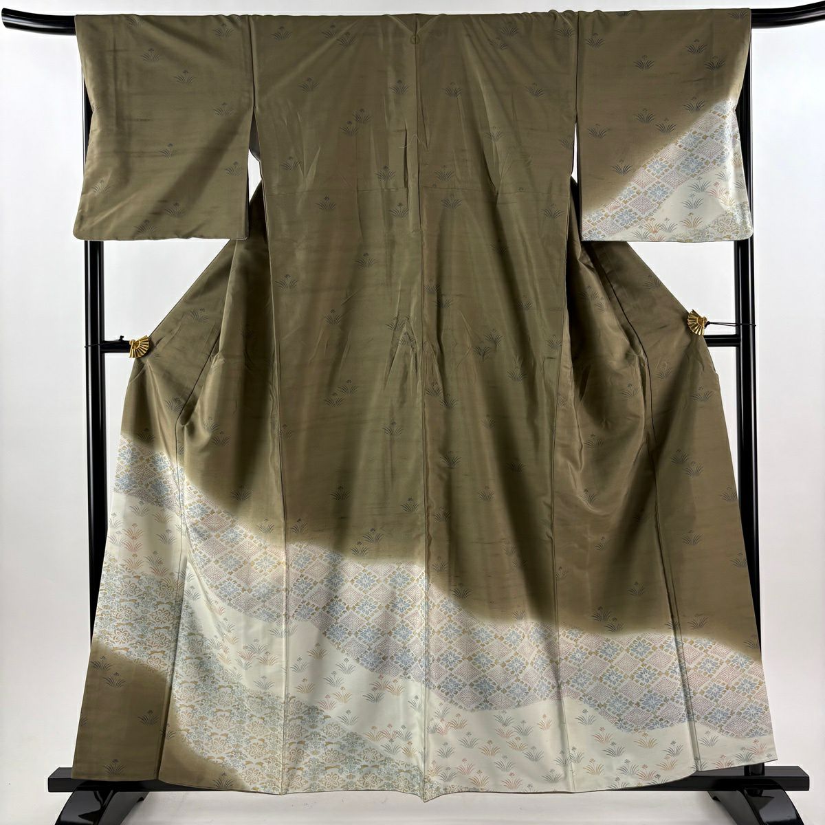 付下 身長159.5cm 袖長68cm L 雙層 紬織織 菱 草花紋紋 灰茶 純蠶絲 逸品級 一つ紋