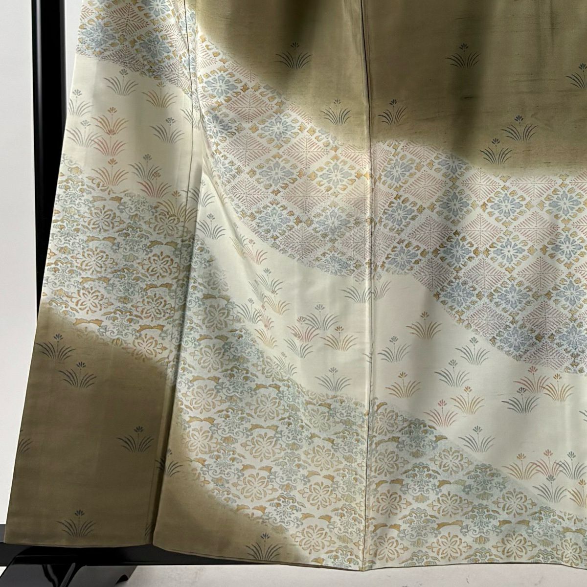 付下 身長159.5cm 袖長68cm L 雙層 紬織織 菱 草花紋紋 灰茶 純蠶絲 逸品級 一つ紋