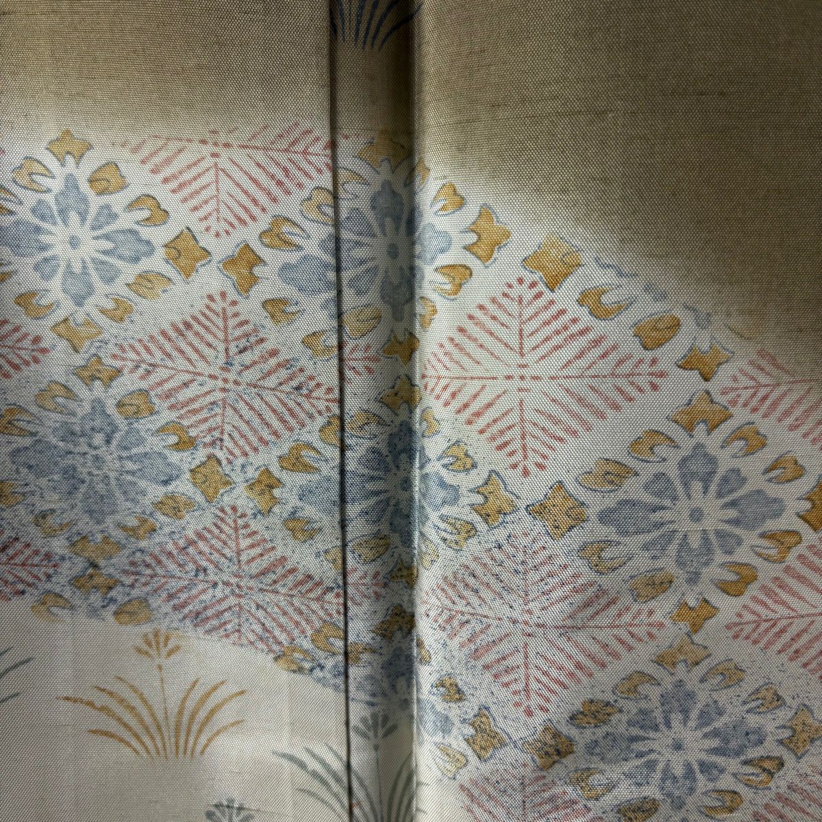 付下 身長159.5cm 袖長68cm L 雙層 紬織織 菱 草花紋紋 灰茶 純蠶絲 逸品級 一つ紋