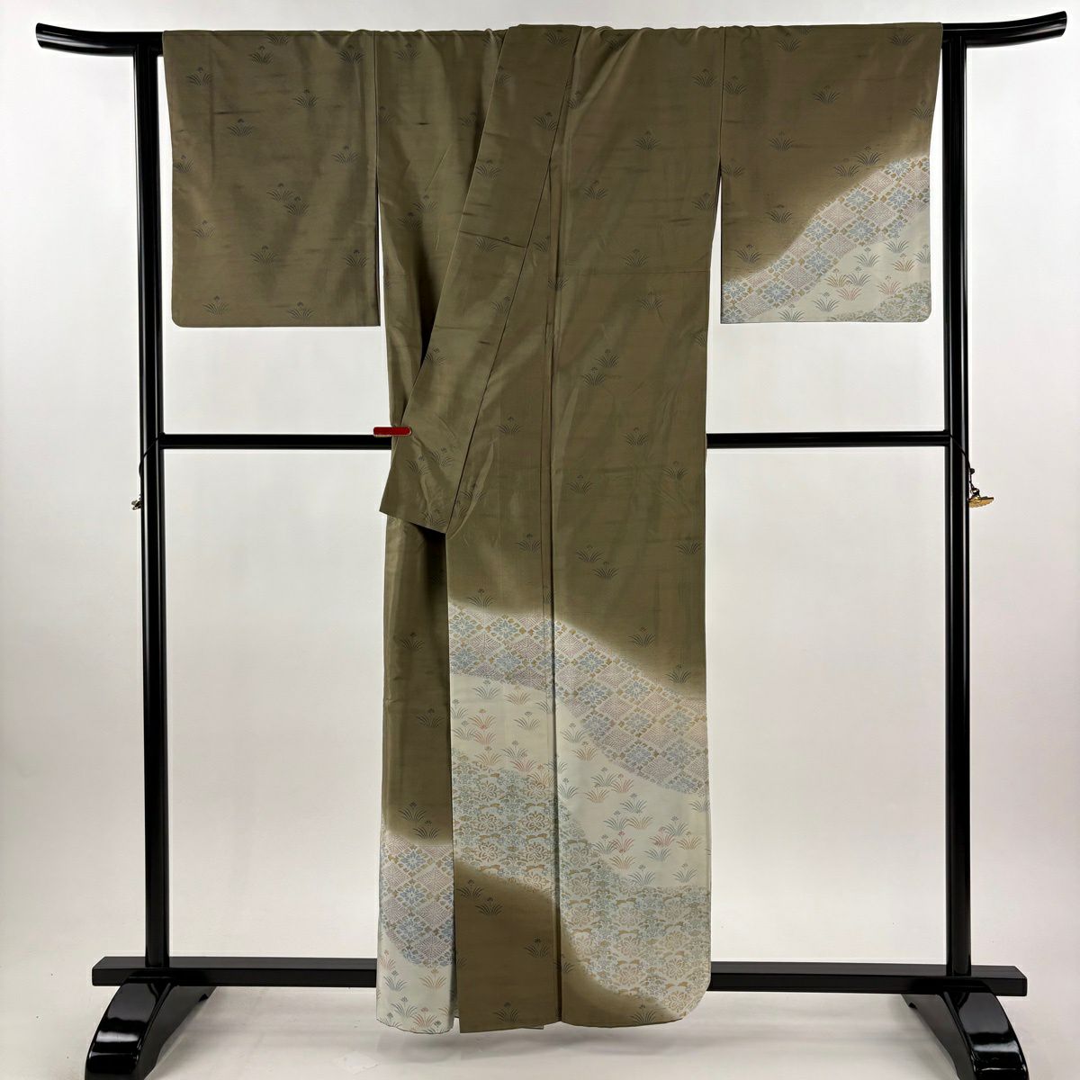 付下 身長159.5cm 袖長68cm L 雙層 紬織織 菱 草花紋紋 灰茶 純蠶絲 逸品級 一つ紋