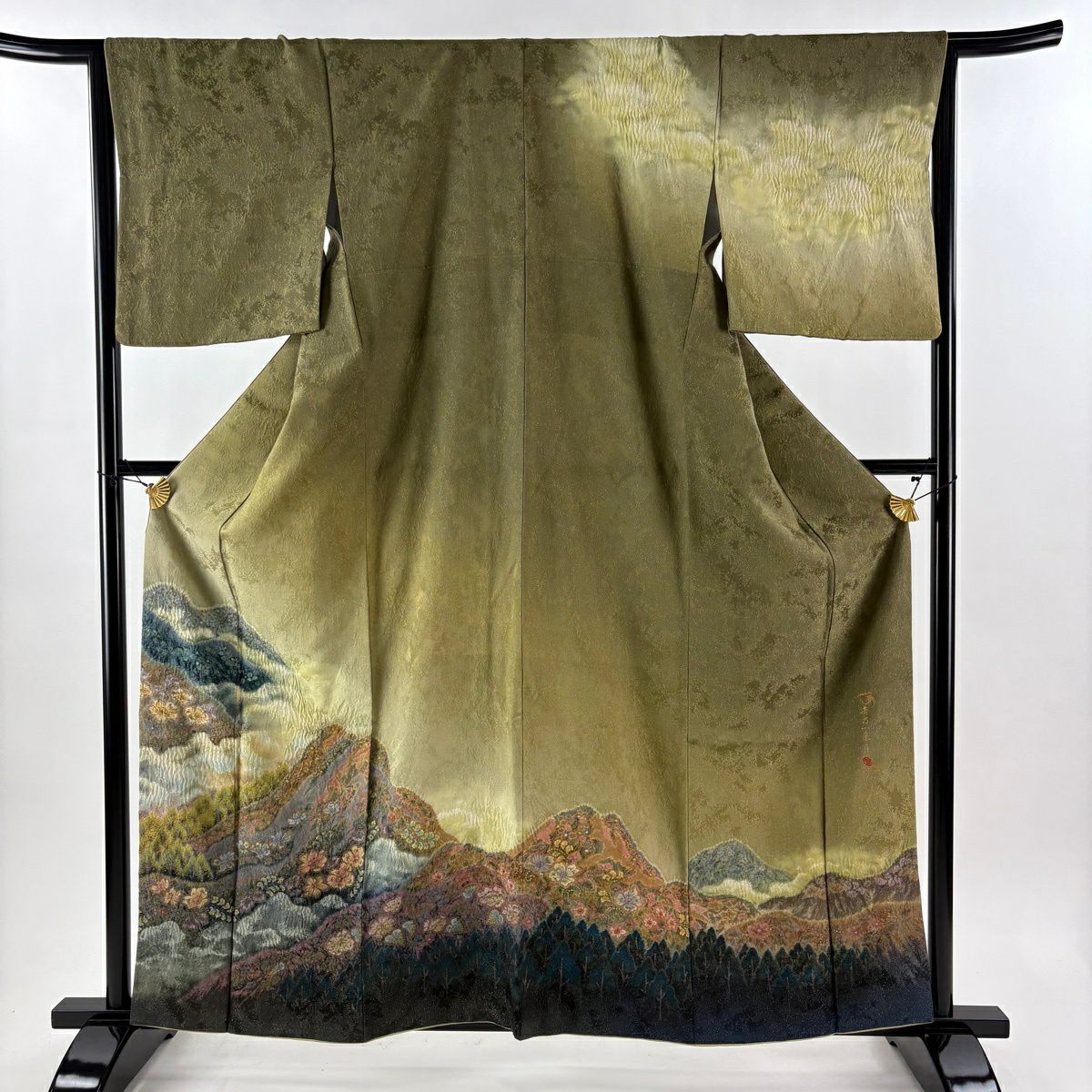 【美品】訪問服 身長161cm 袖長65.5cm M 雙層 吉乃一廉 有落款 風景 草花紋紋 銀通し 漸層 鶯色 純蠶絲 逸品級