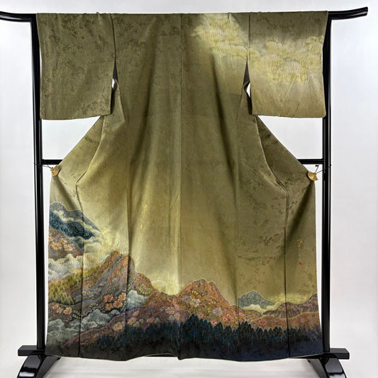 【美品】訪問服 身長161cm 袖長65.5cm M 雙層 吉乃一廉 有落款 風景 草花紋紋 銀通し 漸層 鶯色 純蠶絲 逸品級