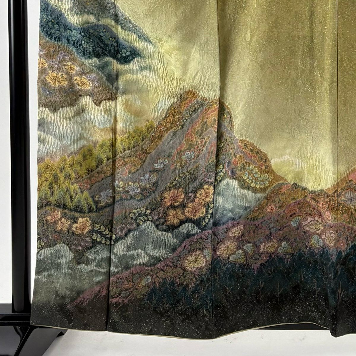 【美品】訪問服 身長161cm 袖長65.5cm M 雙層 吉乃一廉 有落款 風景 草花紋紋 銀通し 漸層 鶯色 純蠶絲 逸品級