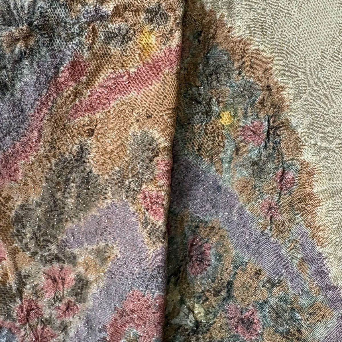 【美品】訪問服 身長161cm 袖長65.5cm M 雙層 吉乃一廉 有落款 風景 草花紋紋 銀通し 漸層 鶯色 純蠶絲 逸品級