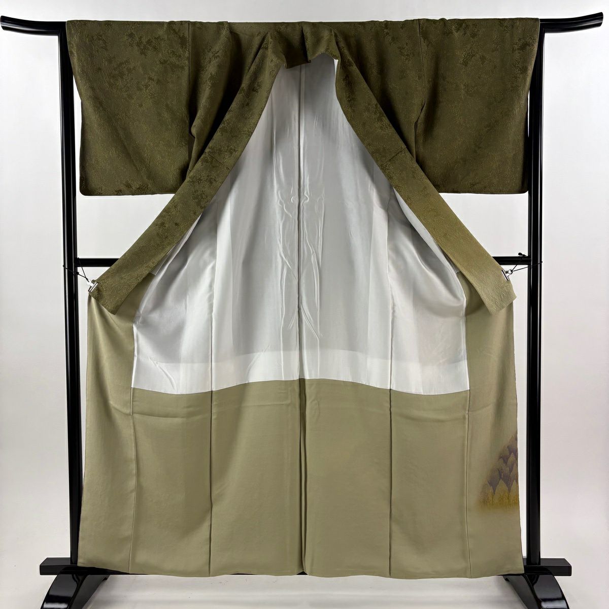 【美品】訪問服 身長161cm 袖長65.5cm M 雙層 吉乃一廉 有落款 風景 草花紋紋 銀通し 漸層 鶯色 純蠶絲 逸品級