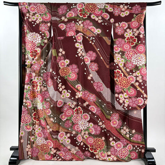 【美品】振袖禮服 身長168.5cm 袖長68cm L 雙層 菊花 疋田 金糸 銀通し 紅 純蠶絲 逸品級