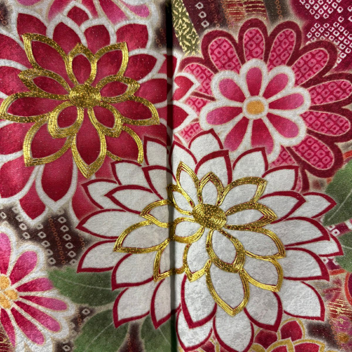 【美品】振袖禮服 身長168.5cm 袖長68cm L 雙層 菊花 疋田 金糸 銀通し 紅 純蠶絲 逸品級