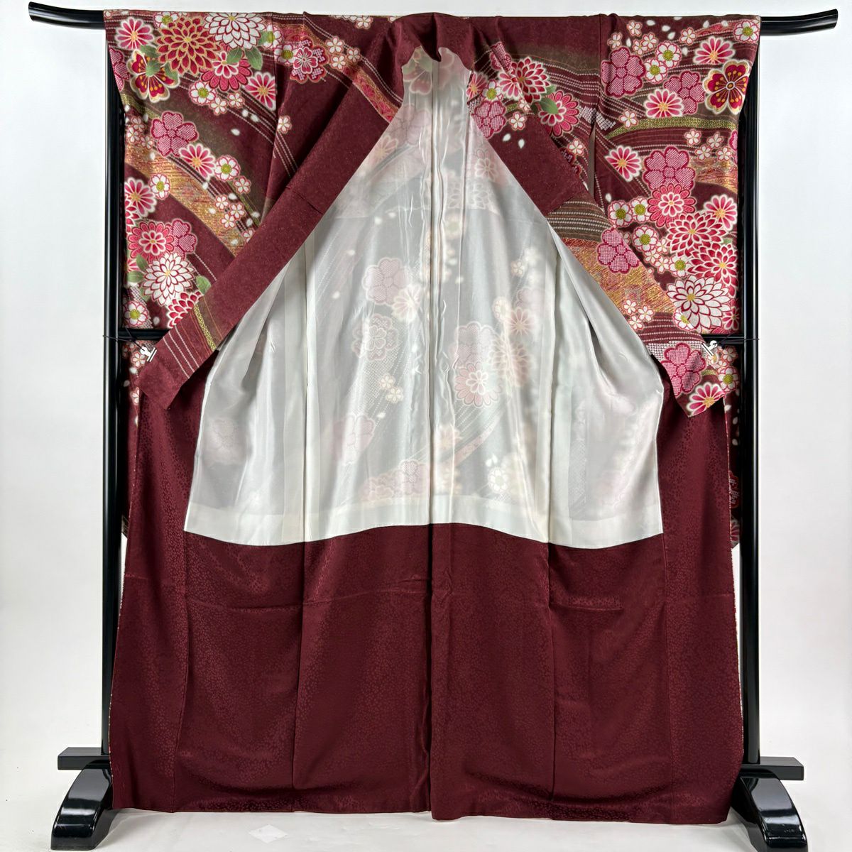 【美品】振袖禮服 身長168.5cm 袖長68cm L 雙層 菊花 疋田 金糸 銀通し 紅 純蠶絲 逸品級