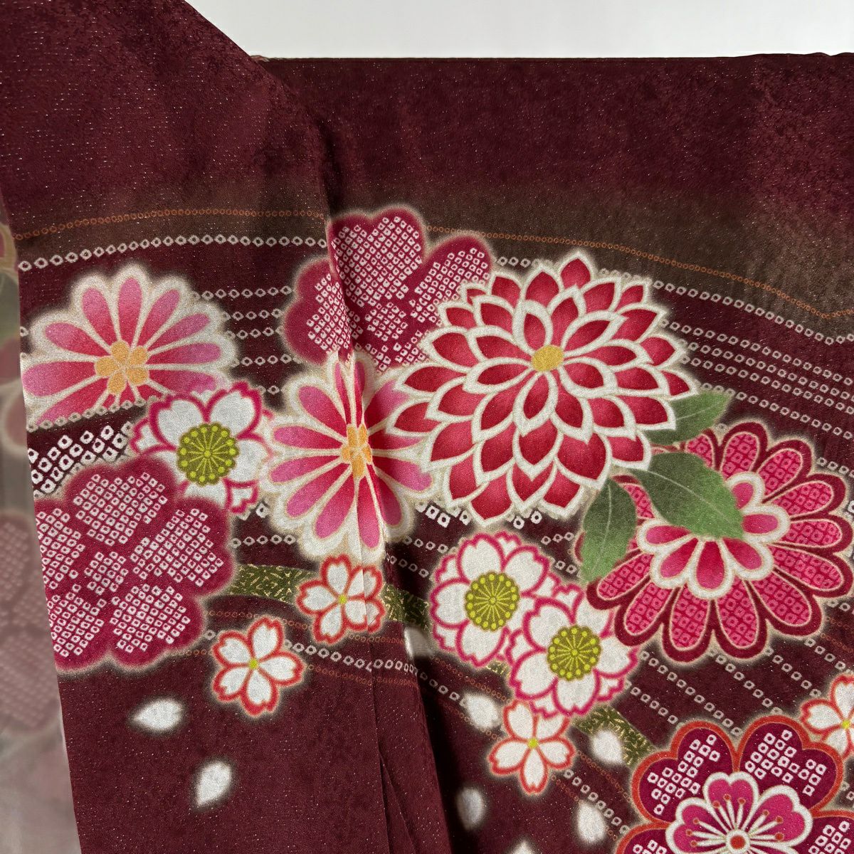 【美品】振袖禮服 身長168.5cm 袖長68cm L 雙層 菊花 疋田 金糸 銀通し 紅 純蠶絲 逸品級