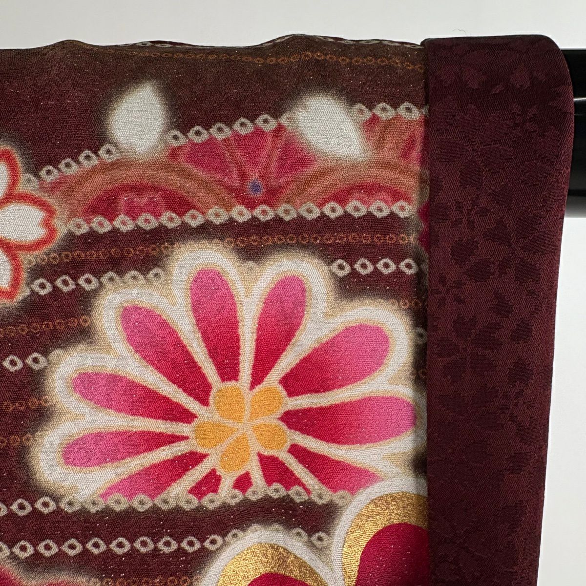 【美品】振袖禮服 身長168.5cm 袖長68cm L 雙層 菊花 疋田 金糸 銀通し 紅 純蠶絲 逸品級