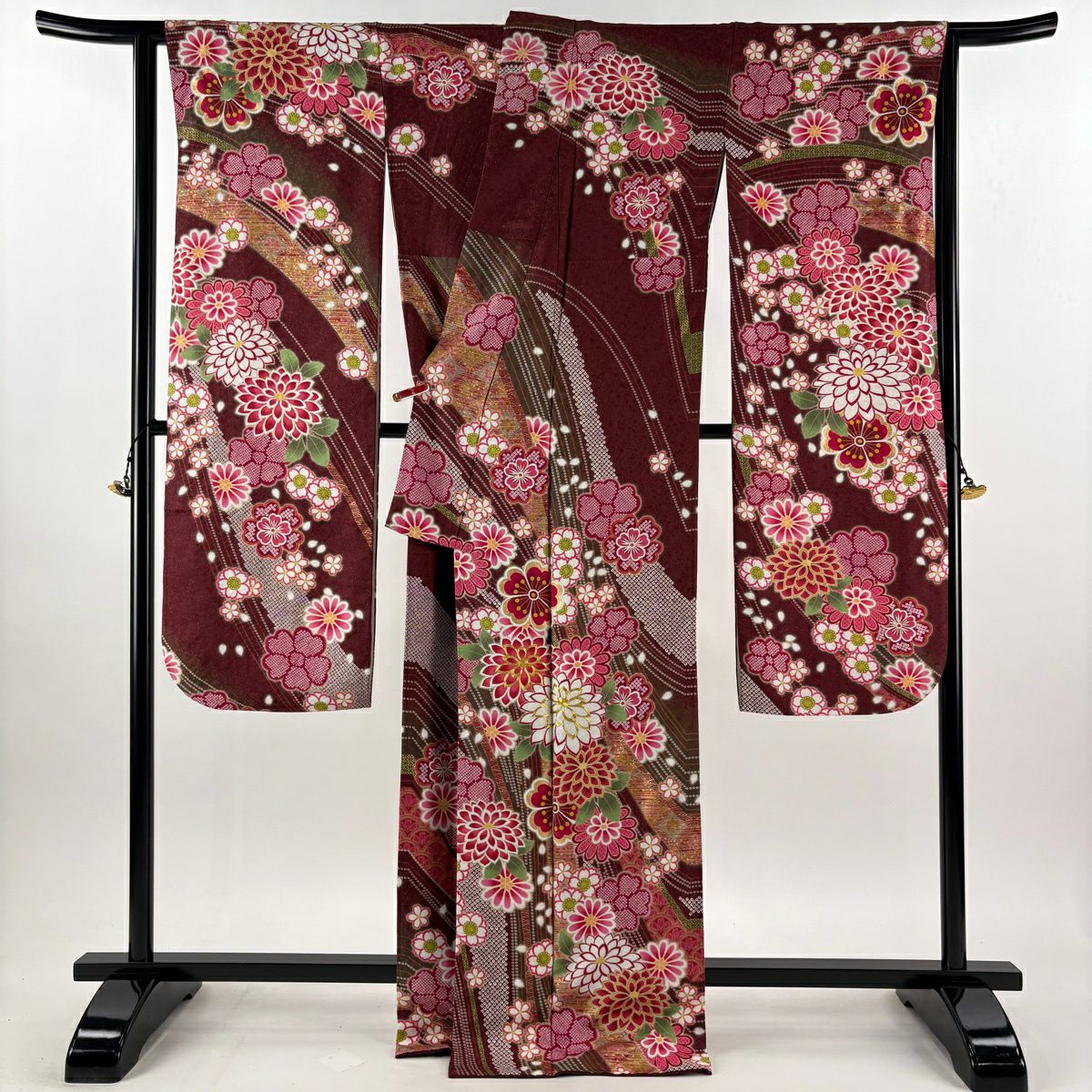 【美品】振袖禮服 身長168.5cm 袖長68cm L 雙層 菊花 疋田 金糸 銀通し 紅 純蠶絲 逸品級