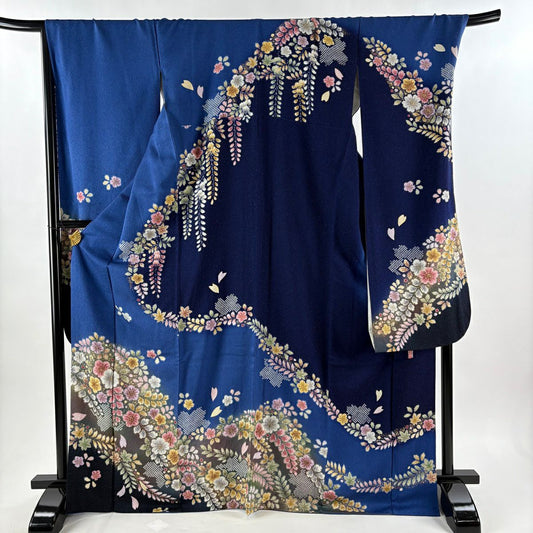 【美品】振袖禮服 身長170.5cm 袖長71cm L 雙層 徳永憲峯 落款あり 辻花染 疋田 金銀彩 青 純蠶絲 逸品級