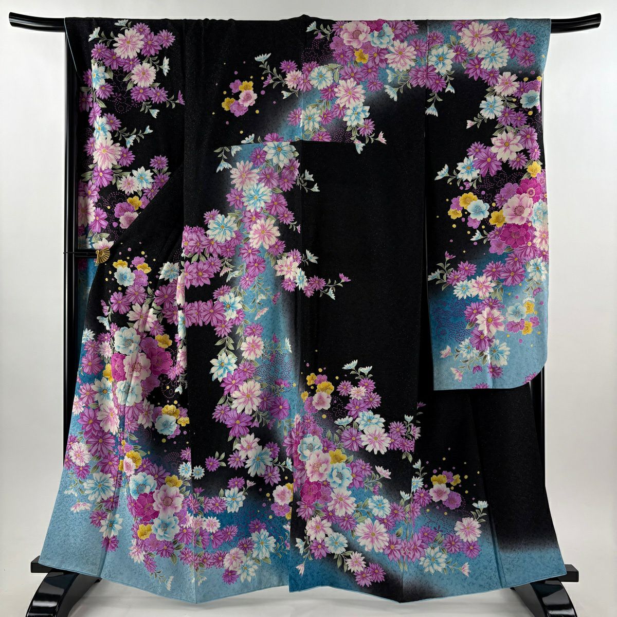 振袖禮服 身長162cm 袖長68cm L 雙層 Cosmos櫻花 金銀彩 黑 純蠶絲 逸品級