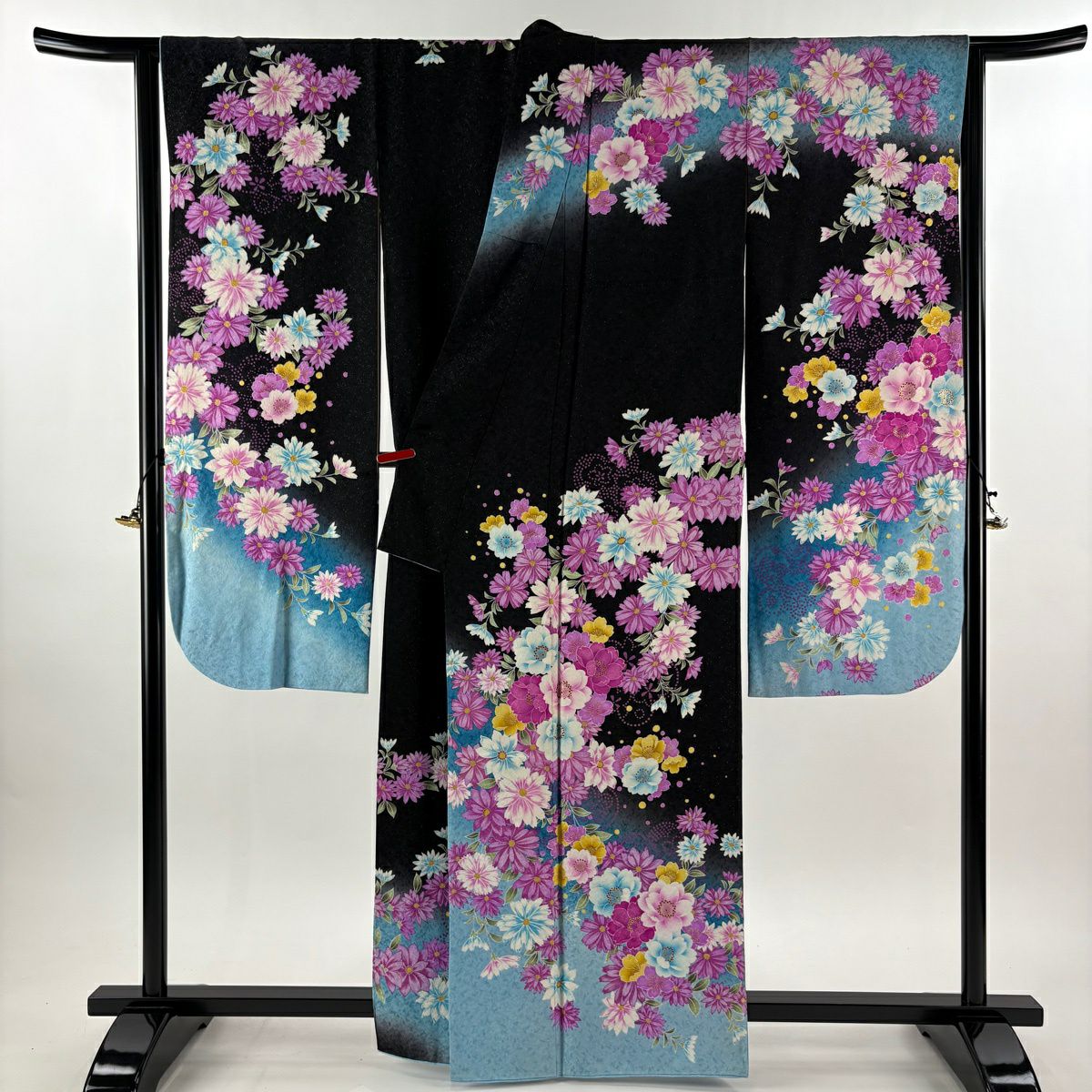 振袖禮服 身長162cm 袖長68cm L 雙層 Cosmos櫻花 金銀彩 黑 純蠶絲 逸品級